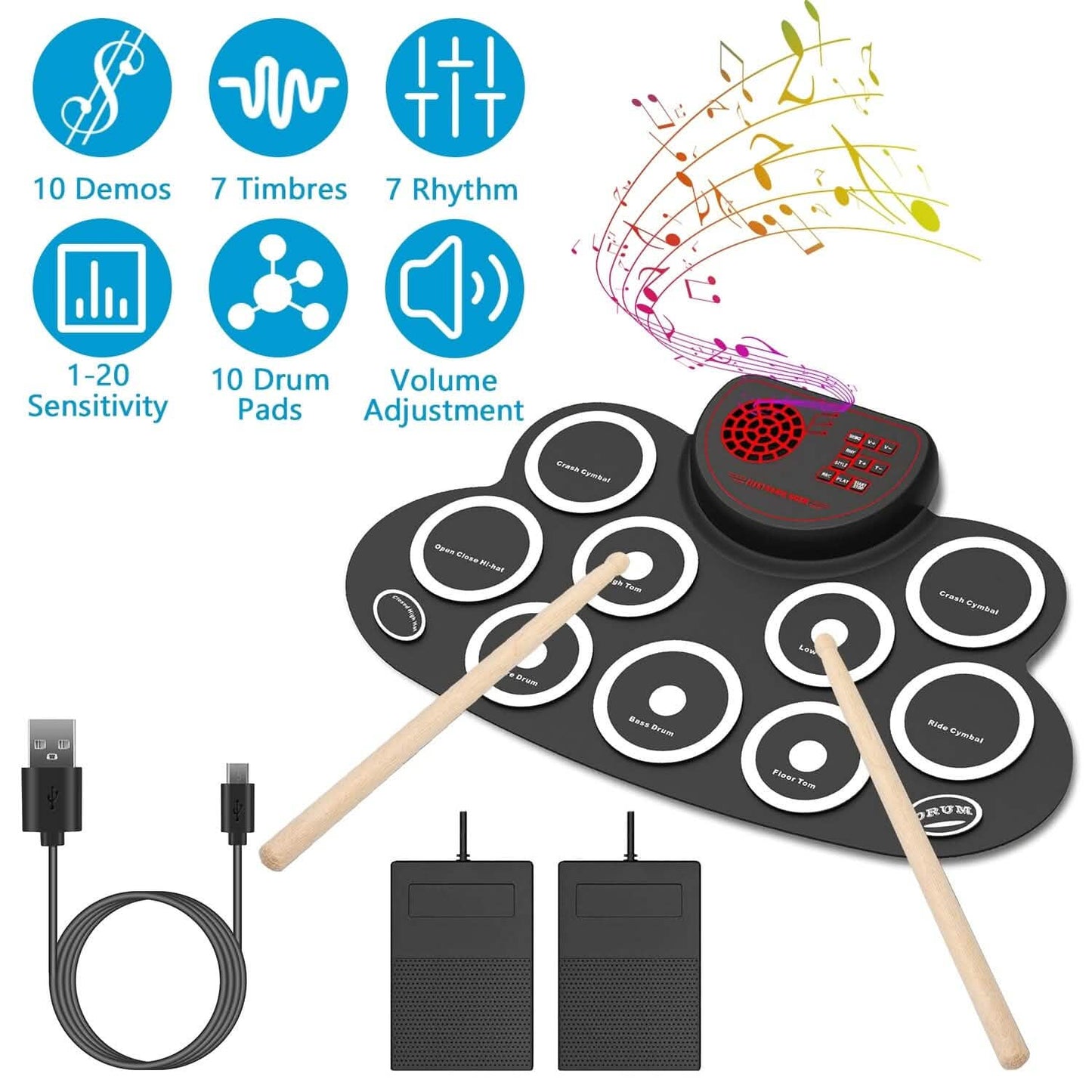 10 Pads Electric Drum Set Foldable