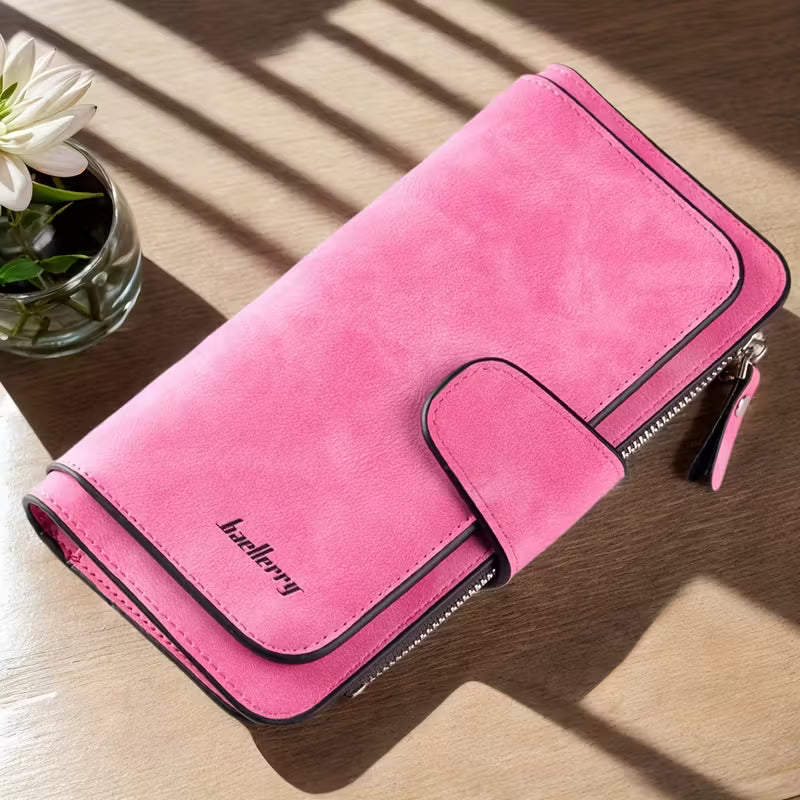 Vintage Faux Leather Long Wallet – Trifold Credit Card Holder with Snap & Zipper