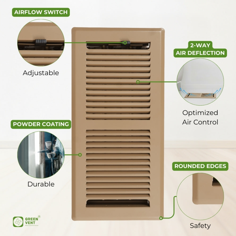 4x10 Steel Brown Floor Register – 2 Way Airflow, With Removable Mesh Filter, Dust & Bug Protection
