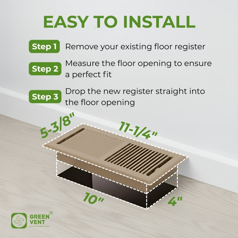 4x10 Steel Brown Floor Register – 2 Way Airflow, With Removable Mesh Filter, Dust & Bug Protection