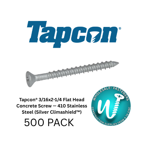 Tapcon® 3/16X2-1/4 Flat Head Concrete Screw 410 Stainless Steel (Silver Climashield™)-500 Pack
