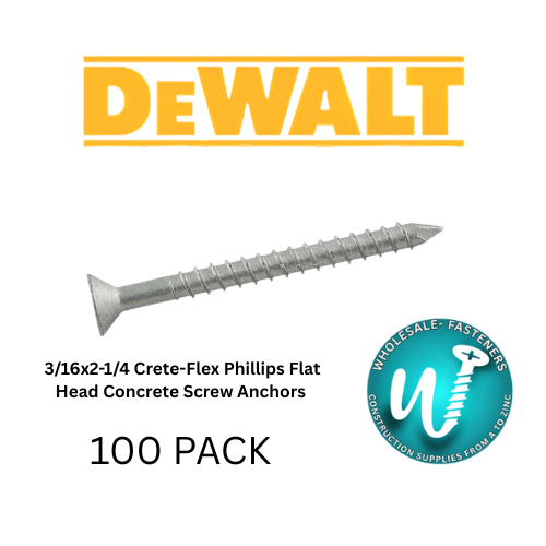 DeWalt 3/16X2-1/4 Phillips Flat Head Crete Flex 410 Stainless Concrete Screws 100 Pack
