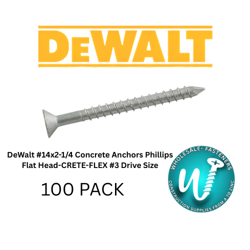 DeWalt #14X2-1/4 Concrete Screw Anchors Phillips Flat Head Crete-Flex 410 Stainless Steel-100 Pack