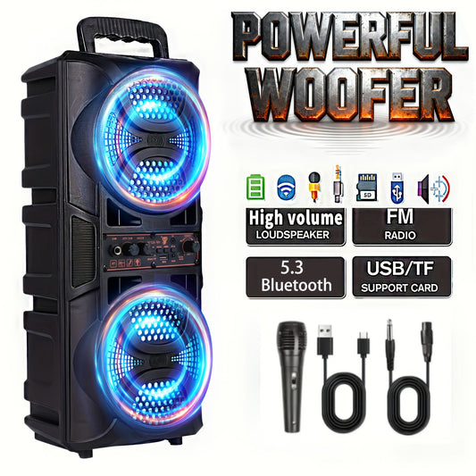 Portable Bluetooth Speaker with Subwoofer Bass, Dual 6.5" LED Woofers and Microphone
