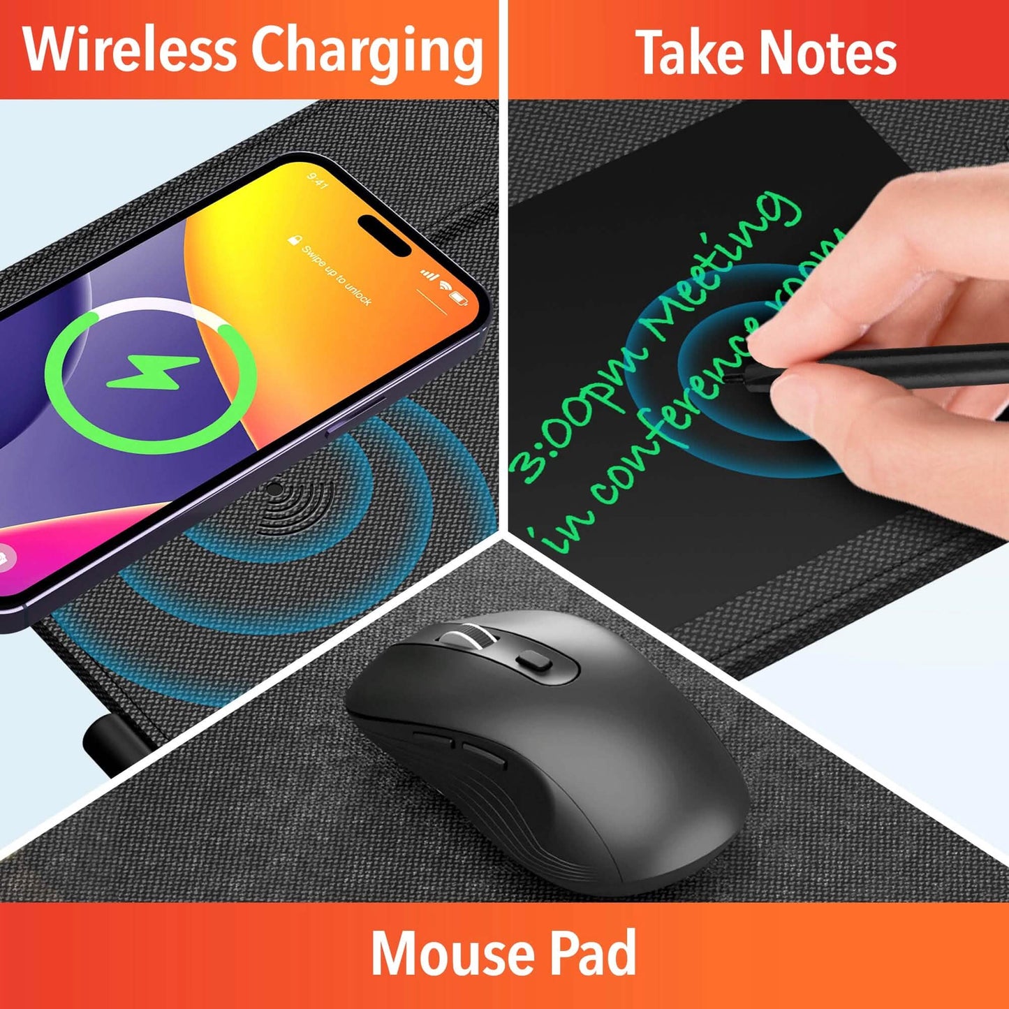 Delton D101 Wireless Charging Mouse Pad with Foldable Phone Stand & Writing Pad, Non-Slip Desk Mouse Mat 15W Wireless Charging Pad Qi Enabled Devices