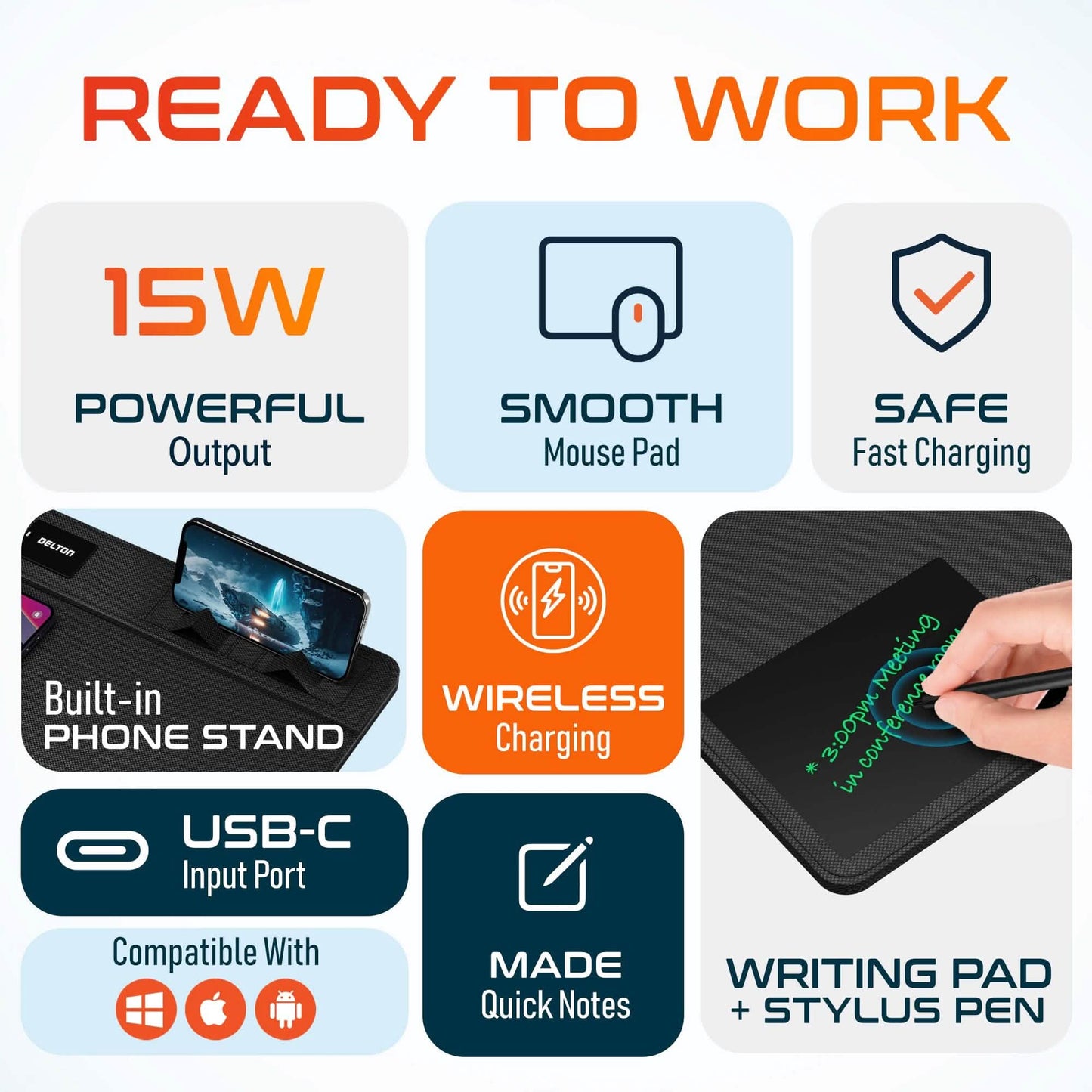 Delton D101 Wireless Charging Mouse Pad with Foldable Phone Stand & Writing Pad, Non-Slip Desk Mouse Mat 15W Wireless Charging Pad Qi Enabled Devices