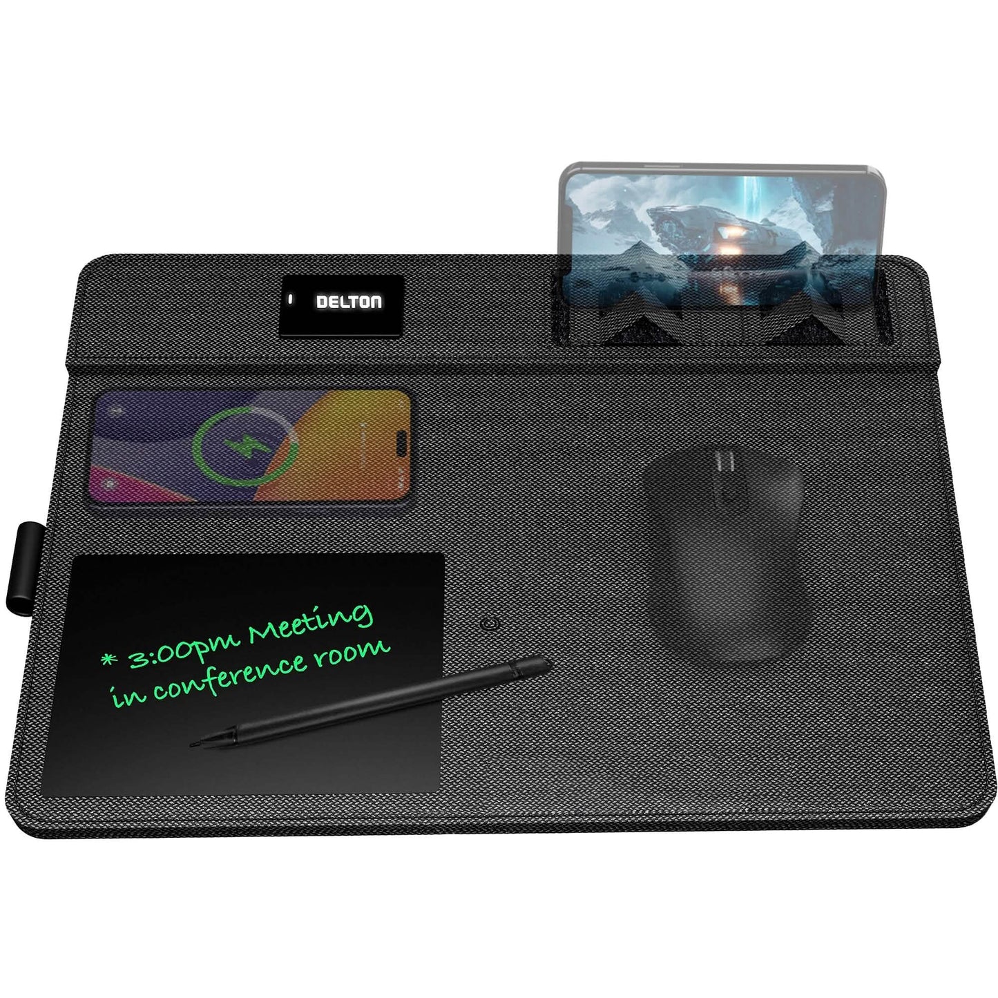 Delton D101 Wireless Charging Mouse Pad with Foldable Phone Stand & Writing Pad, Non-Slip Desk Mouse Mat 15W Wireless Charging Pad Qi Enabled Devices