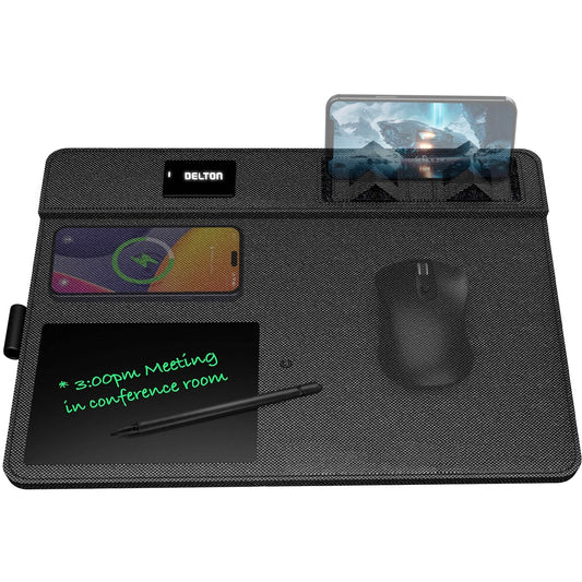 Delton D101 Wireless Charging Mouse Pad with Foldable Phone Stand & Writing Pad, Non-Slip Desk Mouse Mat 15W Wireless Charging Pad Qi Enabled Devices