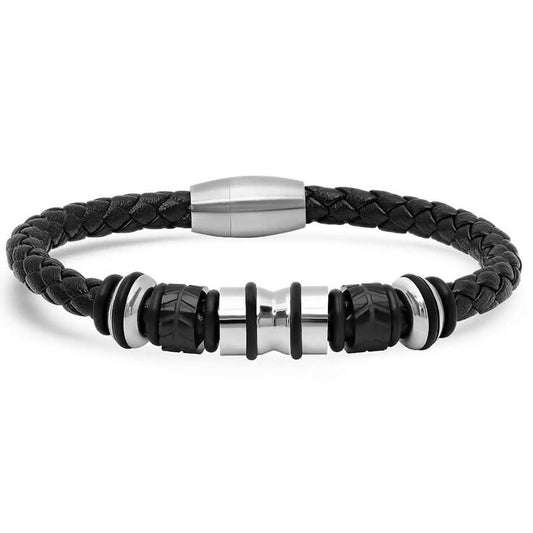 Genuine Black Leather Braided Bracelet With Stainless Steel Accents for Men