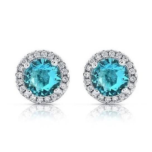 Halo Cz Aquamarine Stud Earrings White Sterling Silver Filled High Polish Finish