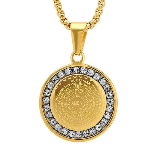 Ladies' 18K Gold Plated Stainless Steel Our Father Prayer Round Pendant with Simulated Diamonds