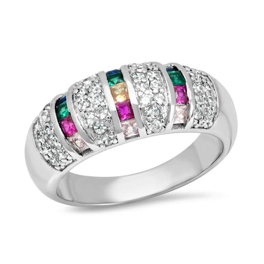 Ladies 18K White Gold Plated Brass Simulated Multi Colored Diamond Ring