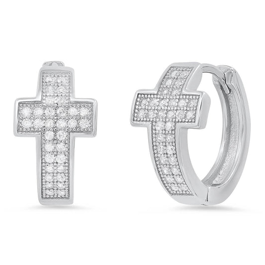 Ladies Sterling Silver and Simulated Diamonds Cross Huggie Earrings