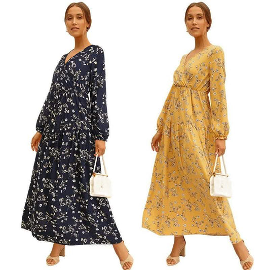 Long Sleeve Fashion Casual High Waist Maxi Dress Slim Floral Print V Neck