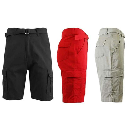 Men's 100% Cotton Belted Cargo Shorts - Assorted Colors and Sizes