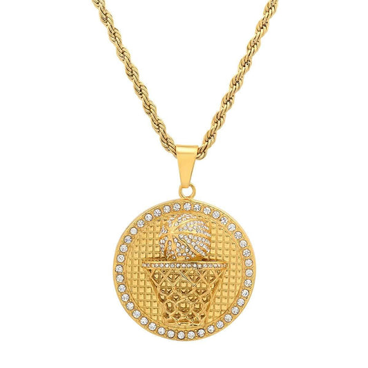 Men's 18k Gold Plated Stainless Steel and Simulated Diamonds Round Basketball Pendant