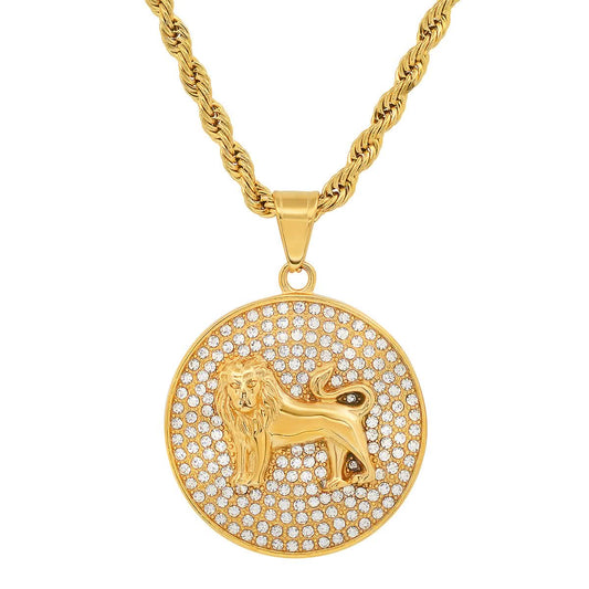 Men's 18k Gold Plated Stainless Steel And Simulated Diamonds Round Lion Pendant