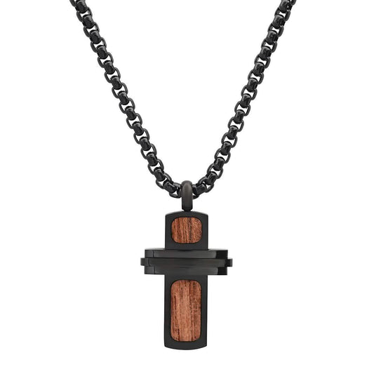 Men's Black IP Stainless Steel and Wood Small Cross Pendant