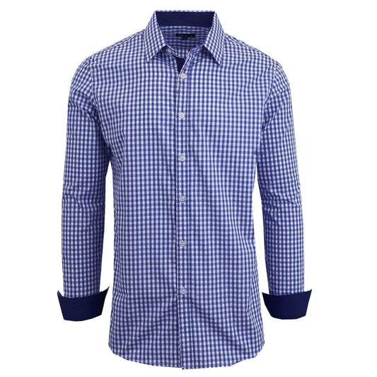 Men's Long Sleeve Slim Fitting Gingham Pattern Dress Shirts