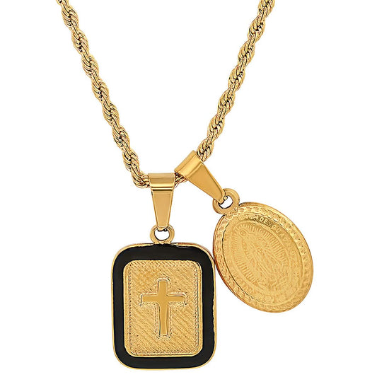 Men's Our Lady of Guadalupe and Black Enamel Dog Tag Pendant