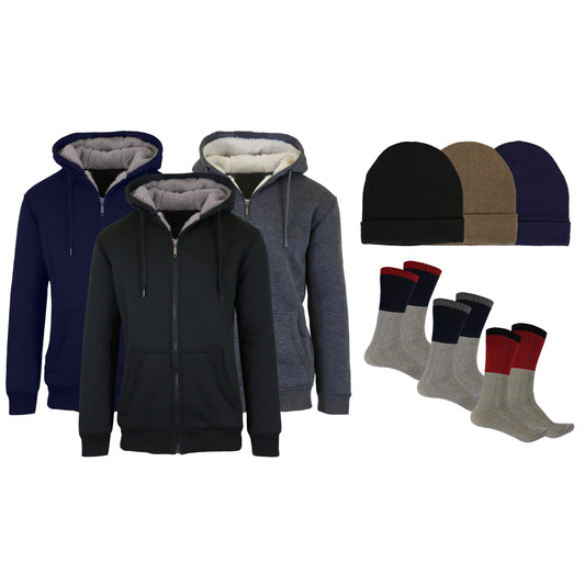 Men's Sherpa Hoodie, Fleece Lined Hat and Thermal Socks Gift Set