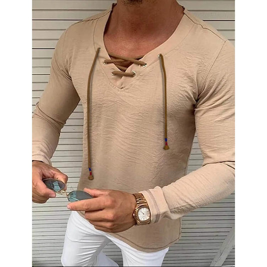 Men's Solid V Neck Long Sleeved Cotton Linen Shirt