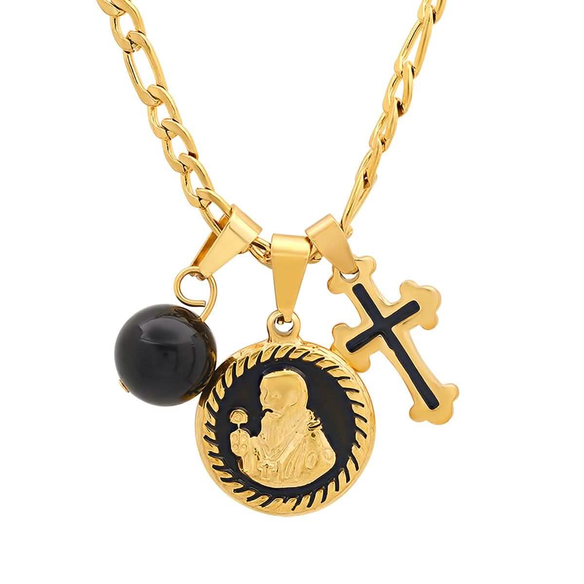 Men's Stainless Steel and Black Enamel St. Benedict, Black Ball and Cross Charm Pendant
