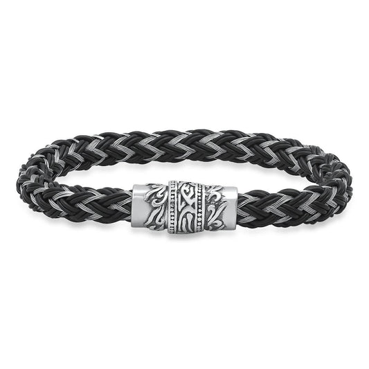Men's Stainless Steel and Black Leather Braided Bracelet