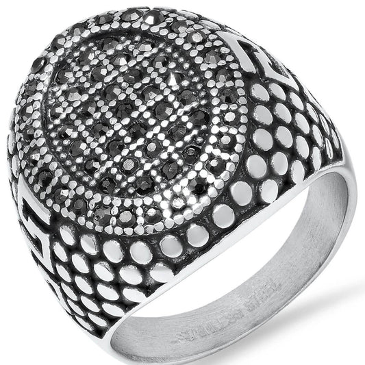Men's Stainless Steel, Black IPand Gray CZ Pebble & Greek Key Accented Ring