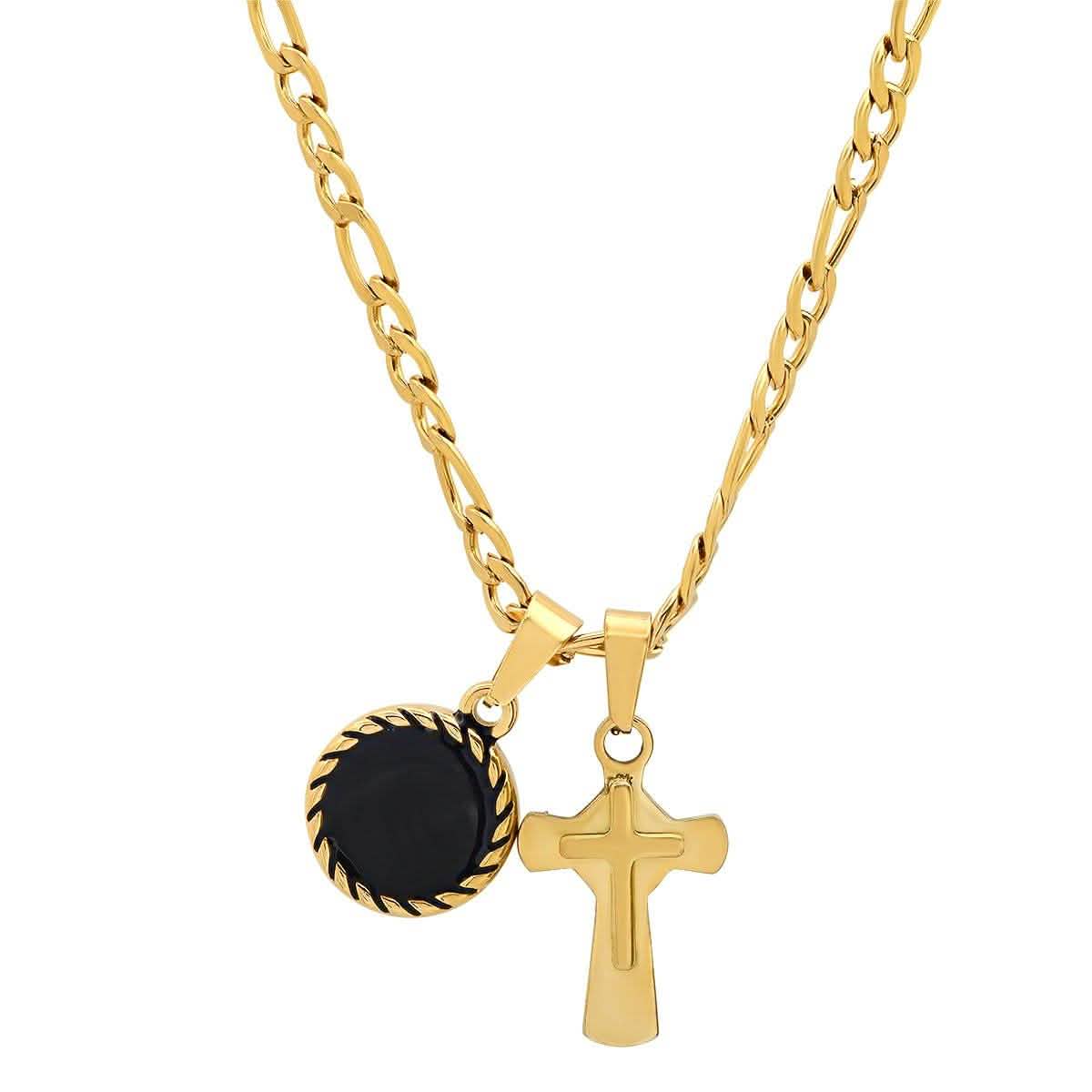 Men's Stainless Steel Cross and Round Black Enamel Pendant