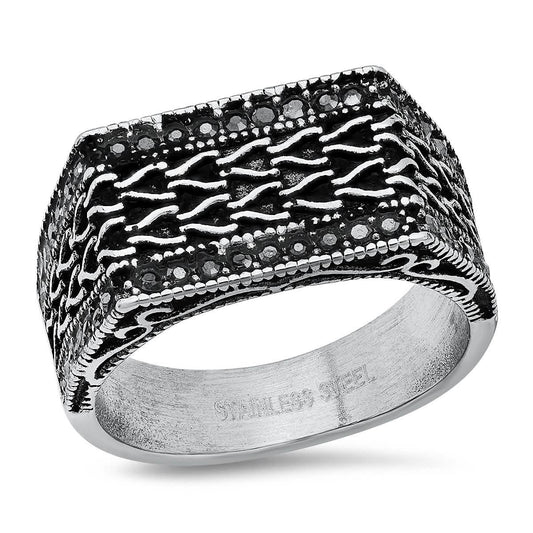 Men's Stainless Steel Simulated Black Diamonds Rectangle Ring