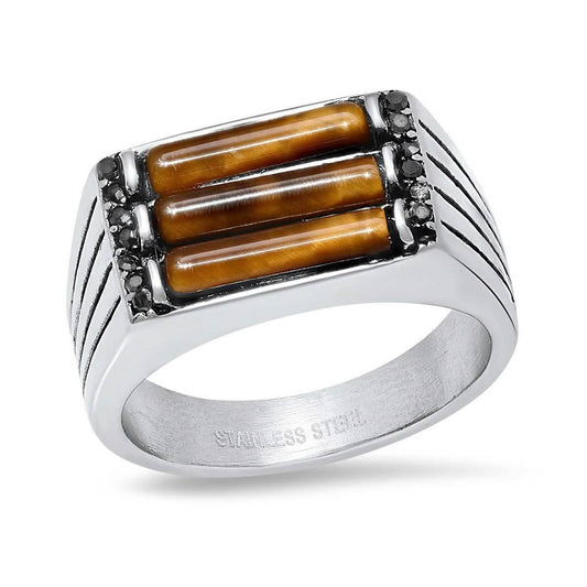 Men's Stainless Steel Tiger Eye And Gray CZ Square Ring