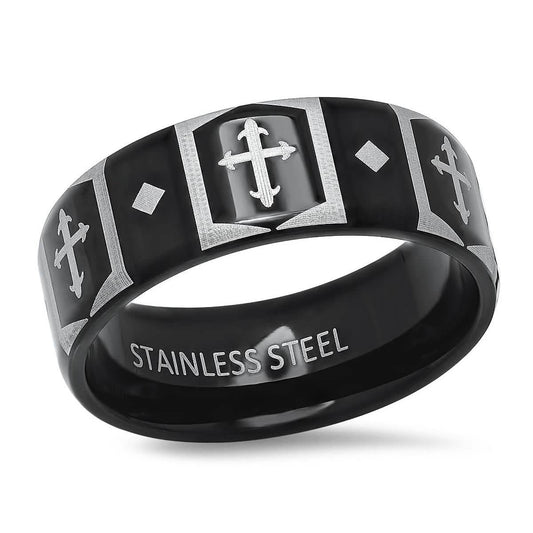Men's Two Tone Black IP and Stainless Steel Band Ring with Cross Accents