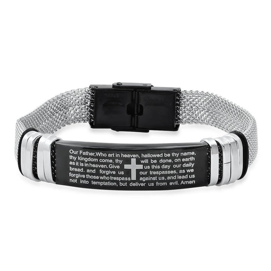 Men's Two Tone Stainless Steel and Black IP Our Father Prayer Mesh Bracelet