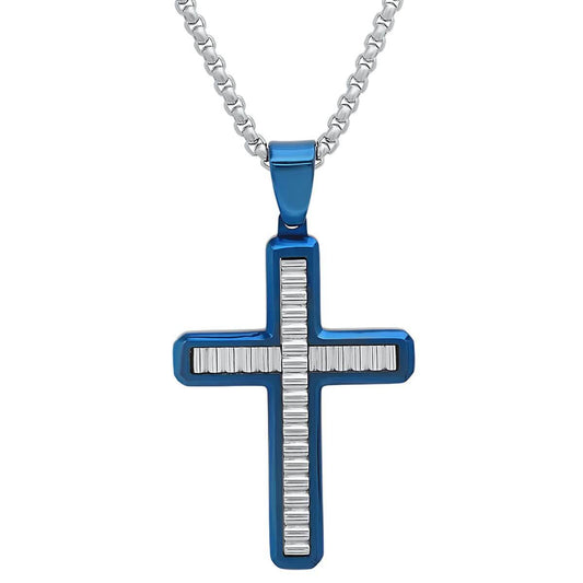 Men's Two Tone Stainless Steel and Blue IP Cross with Waives Inlay Pendant