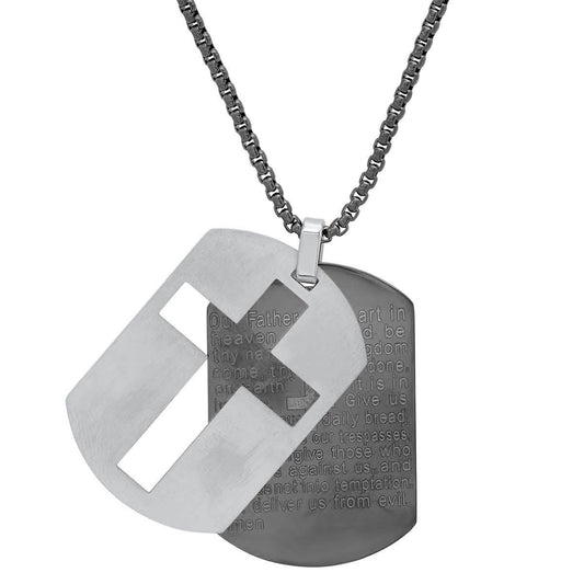 Men's Two Tone Stainless Steel Lords Prayer Double Dog Tag Pendant