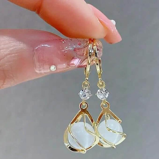 Moonstone Bead Shiny Rhinestone Dangle Earrings