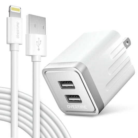 Overtime Apple MFi Certified Lightning Cable 10ft with Dual USB Wall Charger Adapter