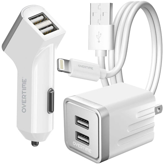 Overtime Home and Car Complete Charging Kit: Fast Wall & Car Chargers + Durable Lightning Cable