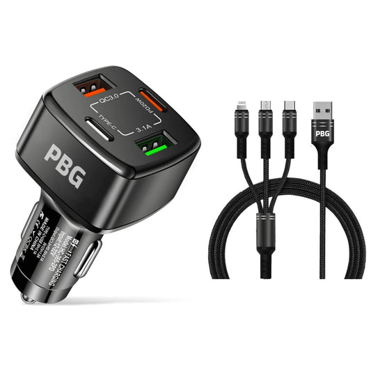PBG Black 4 Port Car Charger and 4FT - 3 in 1 Nylon Cable Combo