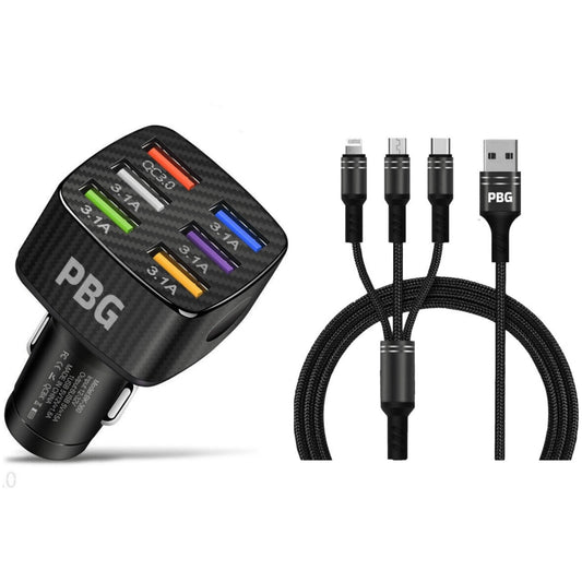 PBG Black LED 6 Port Car Charger and 4FT- 3 In 1 Cable Combo