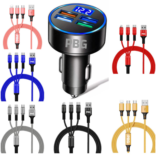 PBG LED 4 Port Car Charger Voltage Display and 3-in-1 Cable Bundle