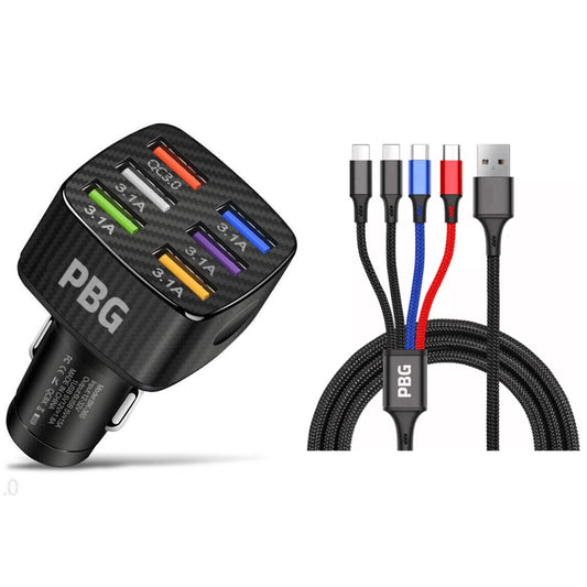 PBG LED 6-Port Car Charger and 4 in 1 Nylon Charging Cable Bundle