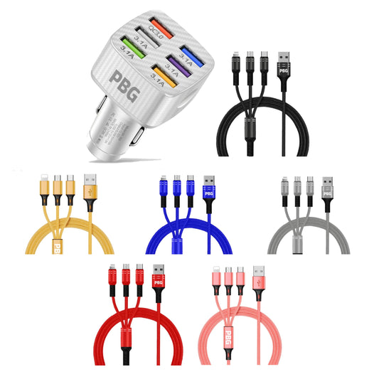 PBG LED 6 Port Car Charger and 4Ft. 3-in-1 Cable Combo