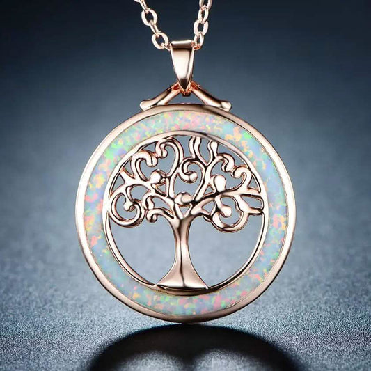 Peermont Tree of Life Necklace in White Fire Opal and Rose Gold Plating