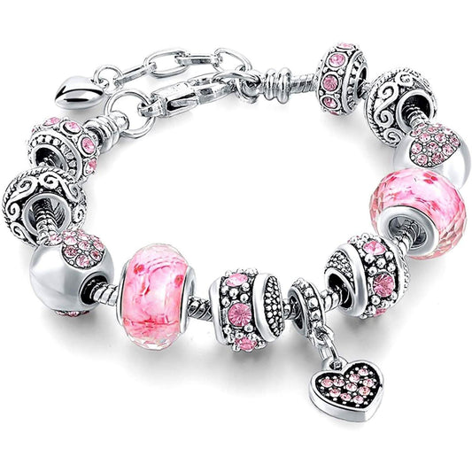 Pink Crystal Love Heart Bead Glass Charm Bracelet with Extender