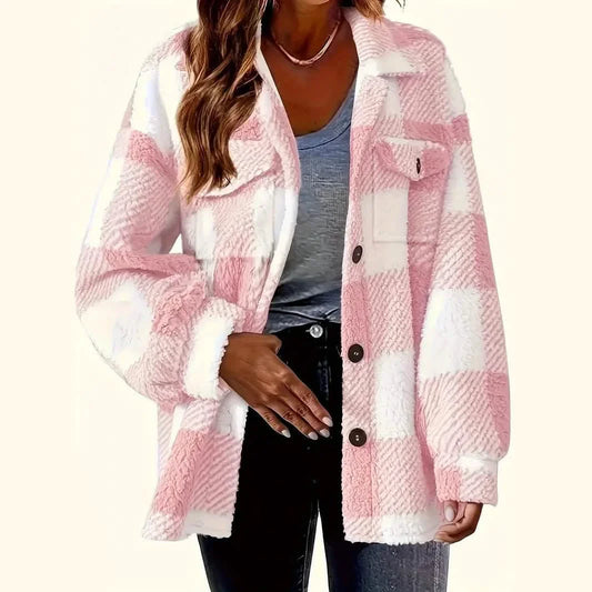 Plaid Pattern Button Front Jacket, Elegant Long Sleeve Warm Outerwear For Fall & Winter