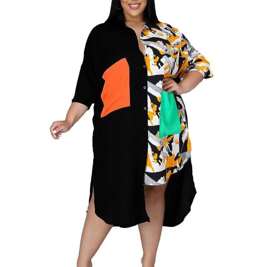 Plus Size Dress Color Block Loose Shirt Dress