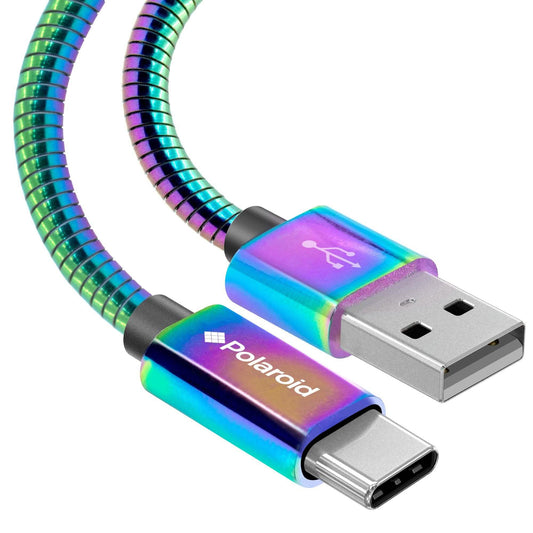 Polaroid USB Type-C Cable 5Ft | USB C Spiral Metal Cable with Aluminum Housing for Android Devices - Iridescent