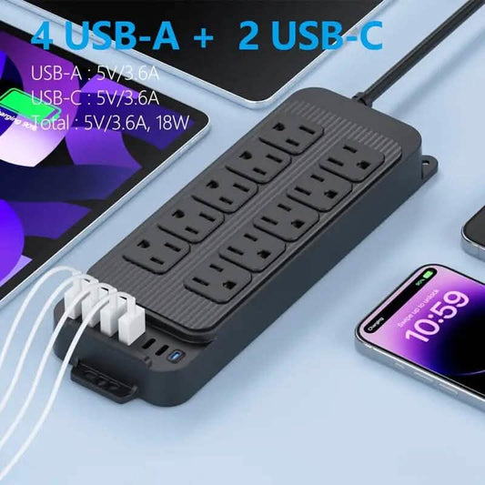 Power Strip Plug with 10-Outlets, 6 USB Ports and 2 USB-C